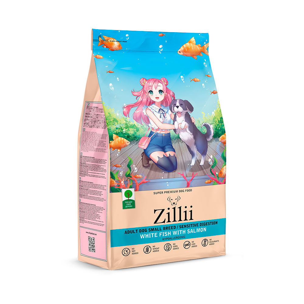 Zillii Adult Dog Small Breed Sensitive Digestion для собак мелких пород с чувствительным пищеварением (белая рыба с лососем)