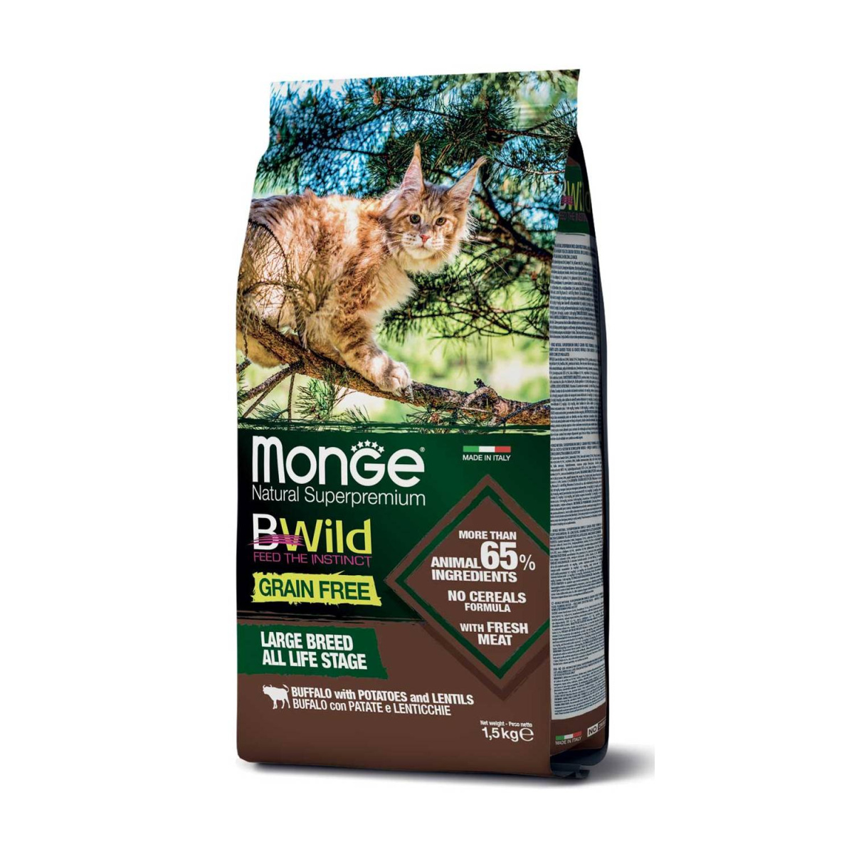 Monge Cat BWild GRAIN FREE для котят и взрослых кошек крупных пород, из мяса буйвола