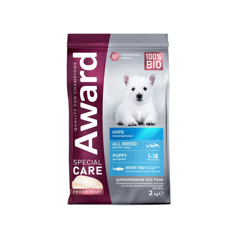 Award Special Care Hypo Puppy со свежей белой рыбой для щенков всех пород, склонных к аллергии